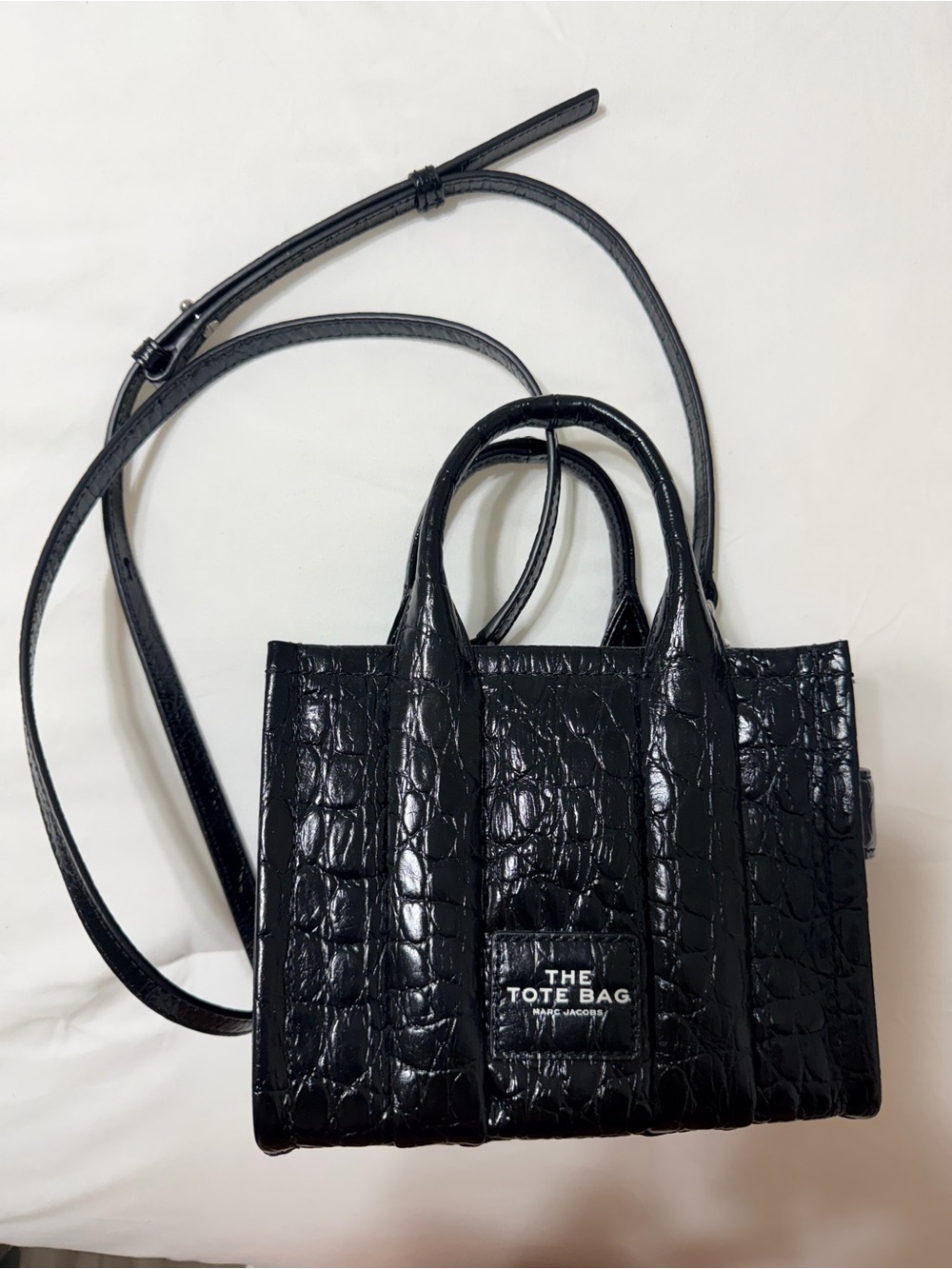 Marc Jacobs Black Croc-Embossed Mini Tote with Crossbody Strap